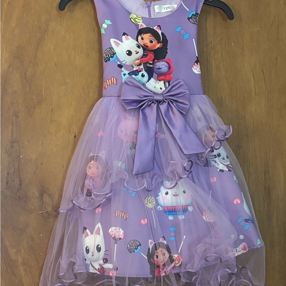 Purple Gabby’s Dollhouse Cartoon Character Dress with Bow